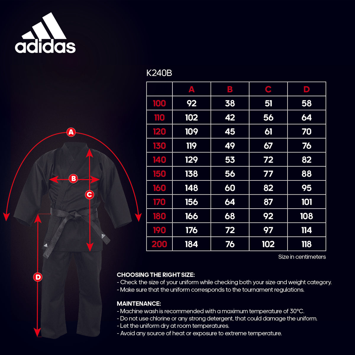 Adidas karate top gi size chart